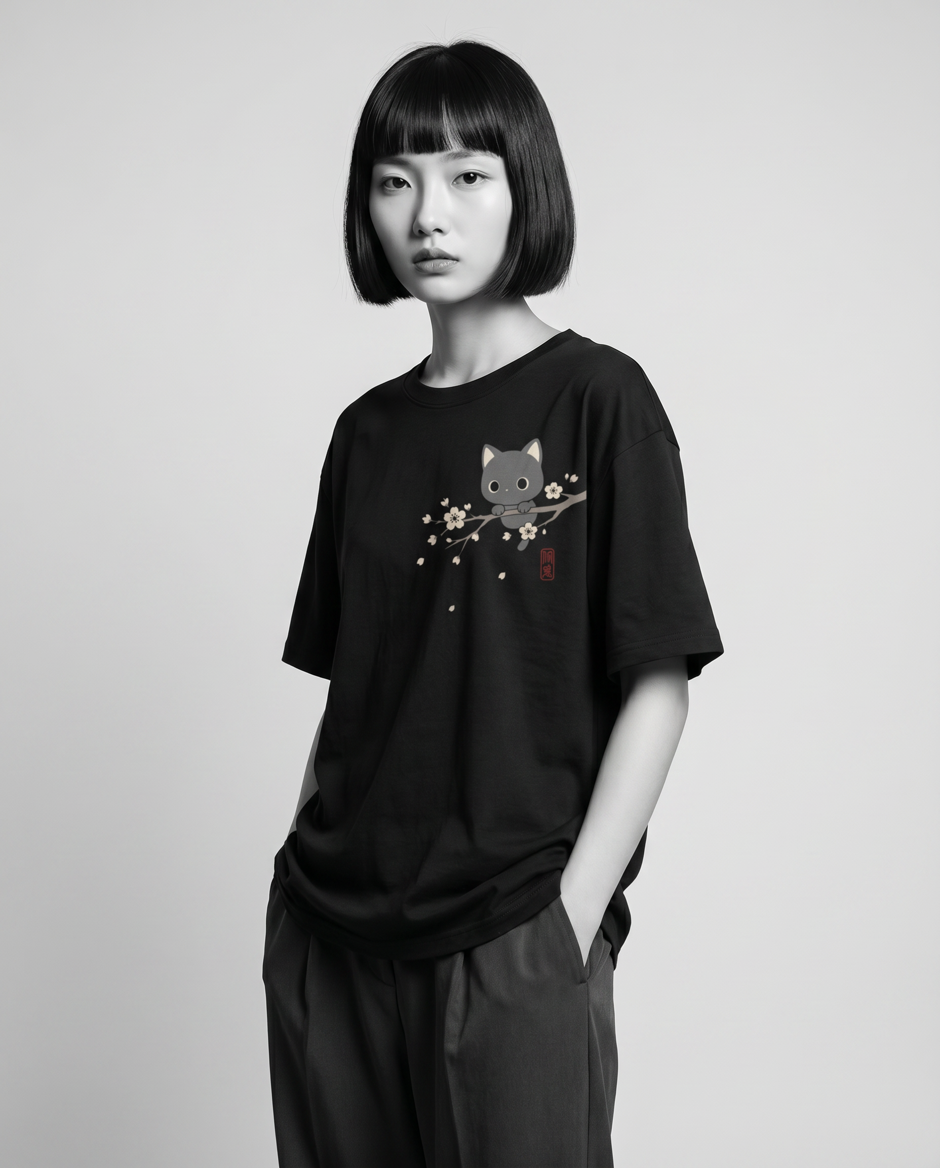 Nagi wearing the KUROI Sakura Neko Tee — hands in pockets