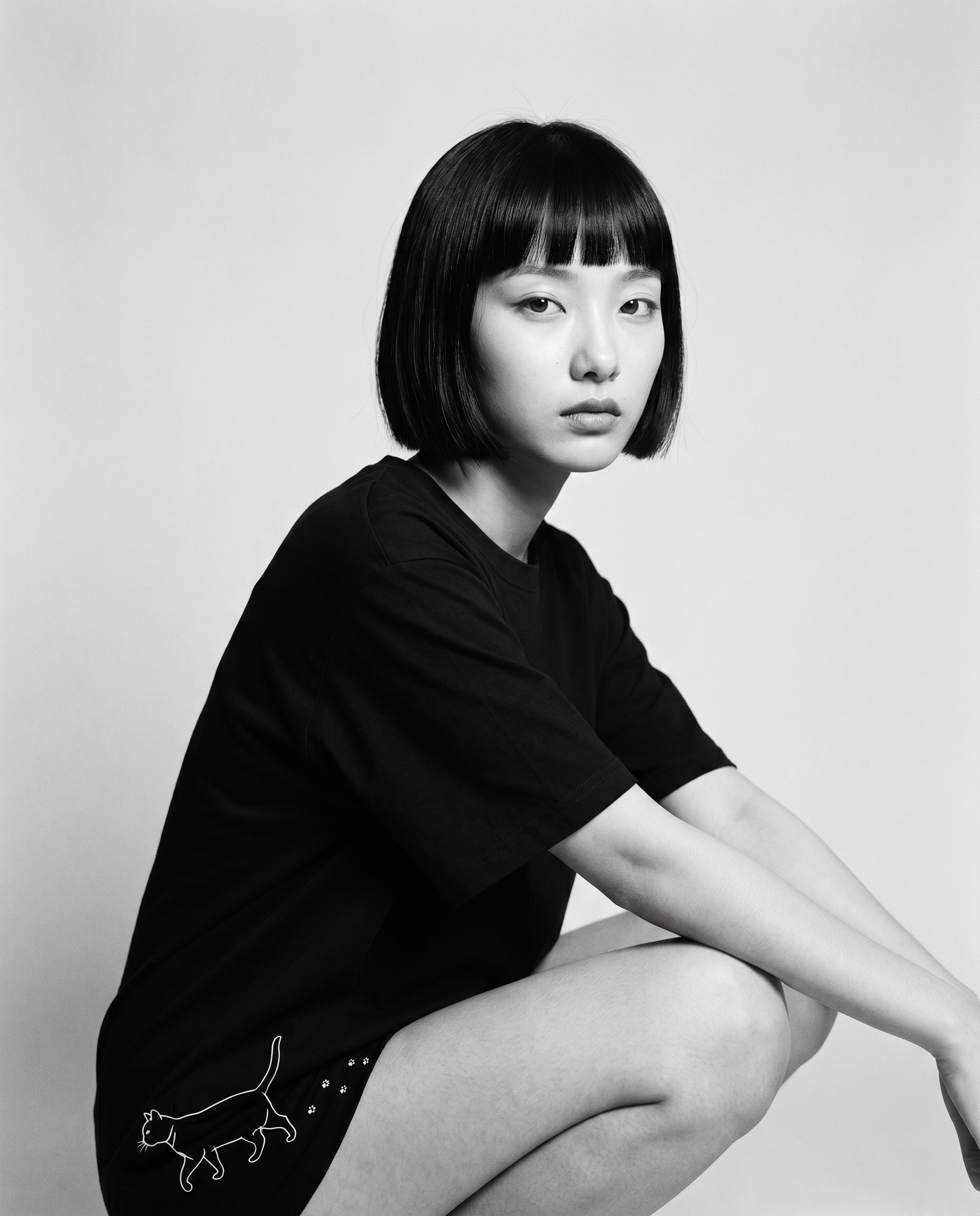 Nagi in the Kuroi Neko no Sanpo Tee — crouching