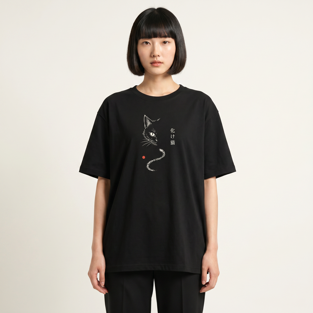 Kuroi Oversized Bakeneko Flame Cat Tee worn by a model, front view