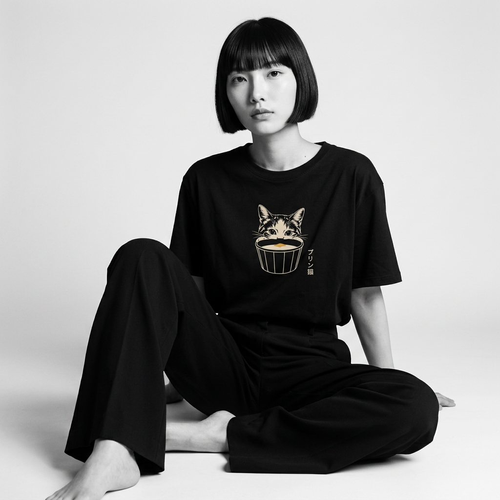 Nagi in the Kuroi Pudding Cat Tee — seated