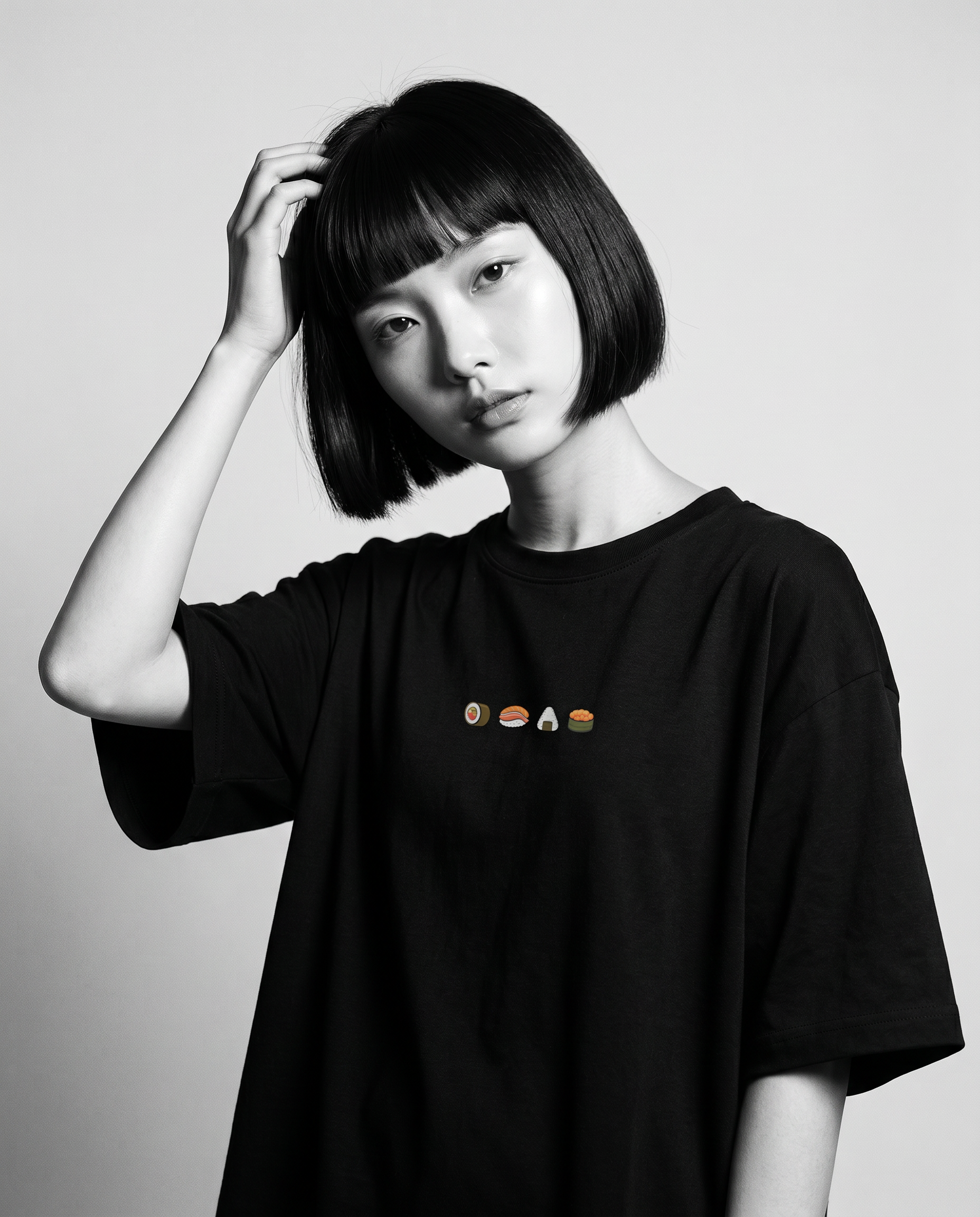 Nagi in the Kuroi Sushi Tee — hand in hair