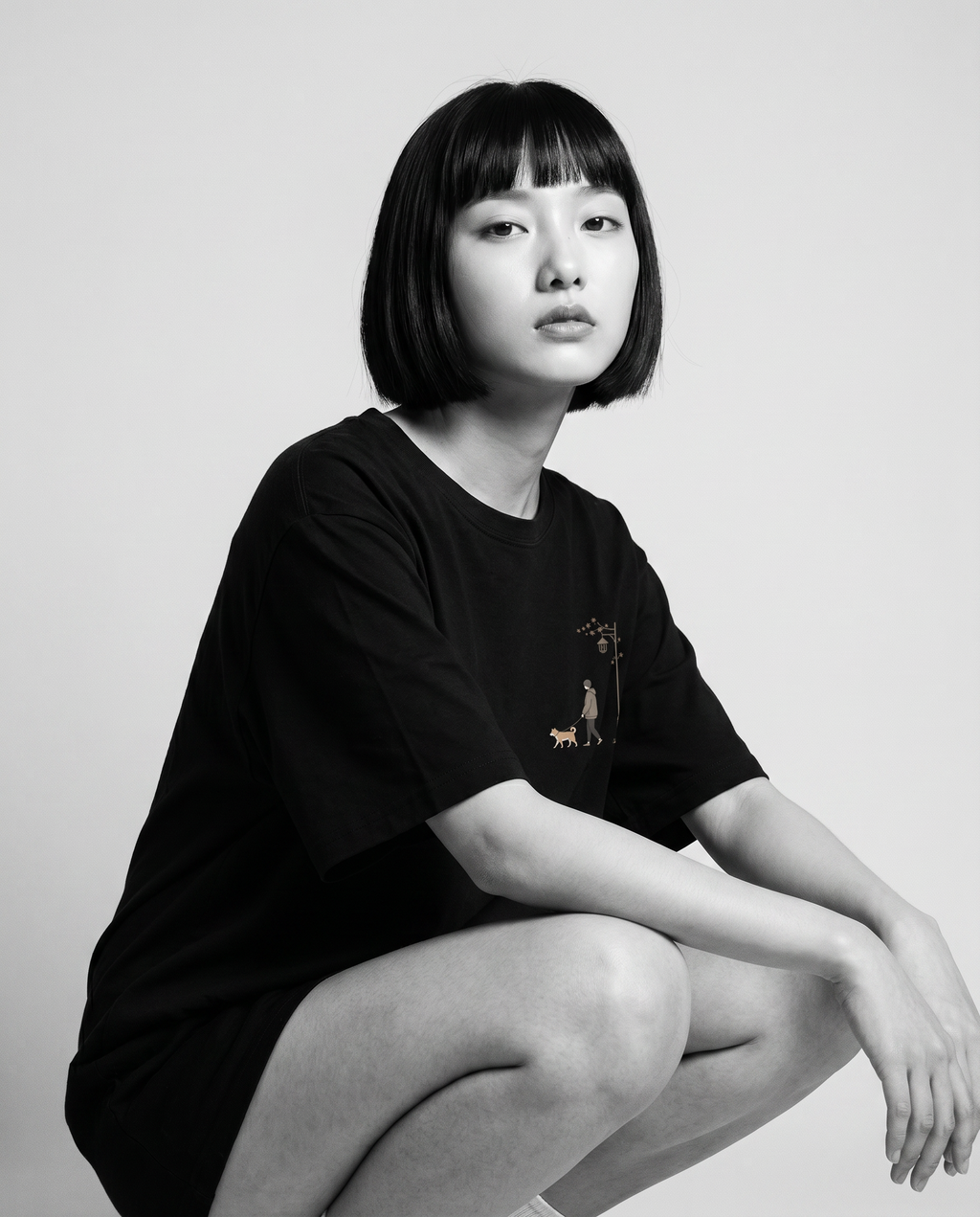 Nagi in the KUROI Sanpomichi Tee — crouching