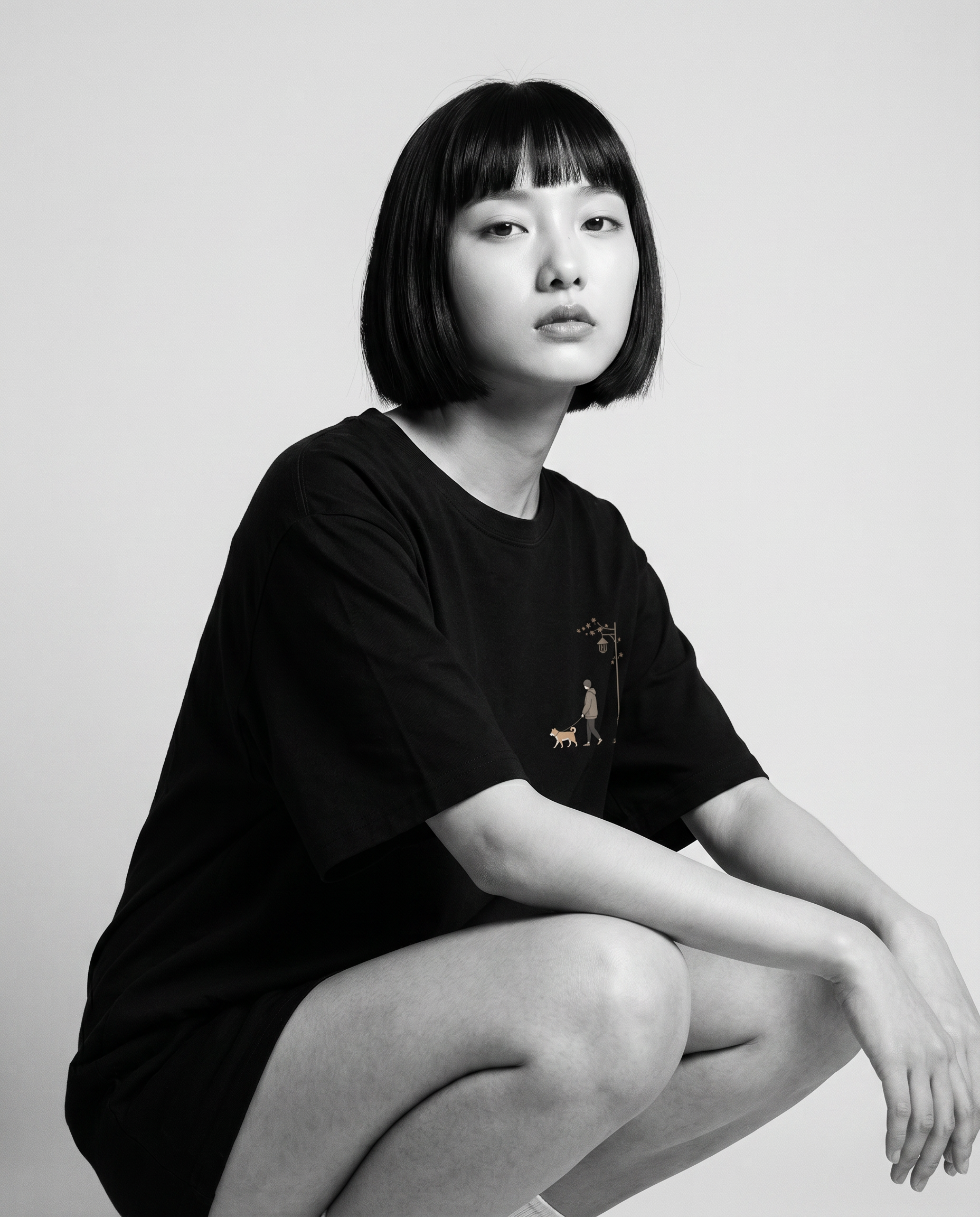 Nagi in the KUROI Sanpomichi Tee — crouching