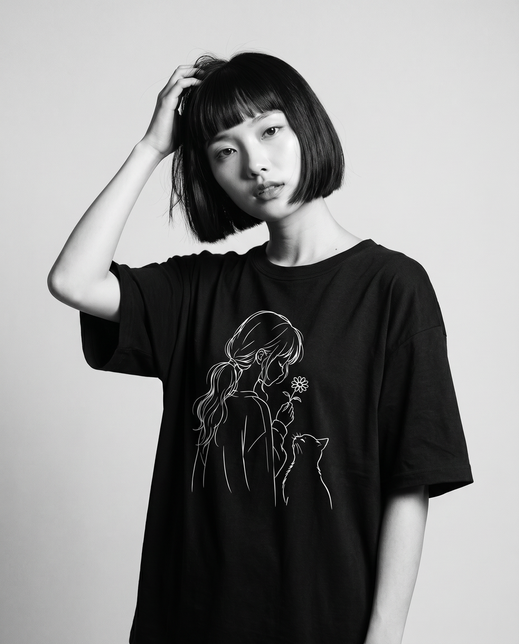 Nagi in the Kuroi Hana to Hige Tee — hand in hair