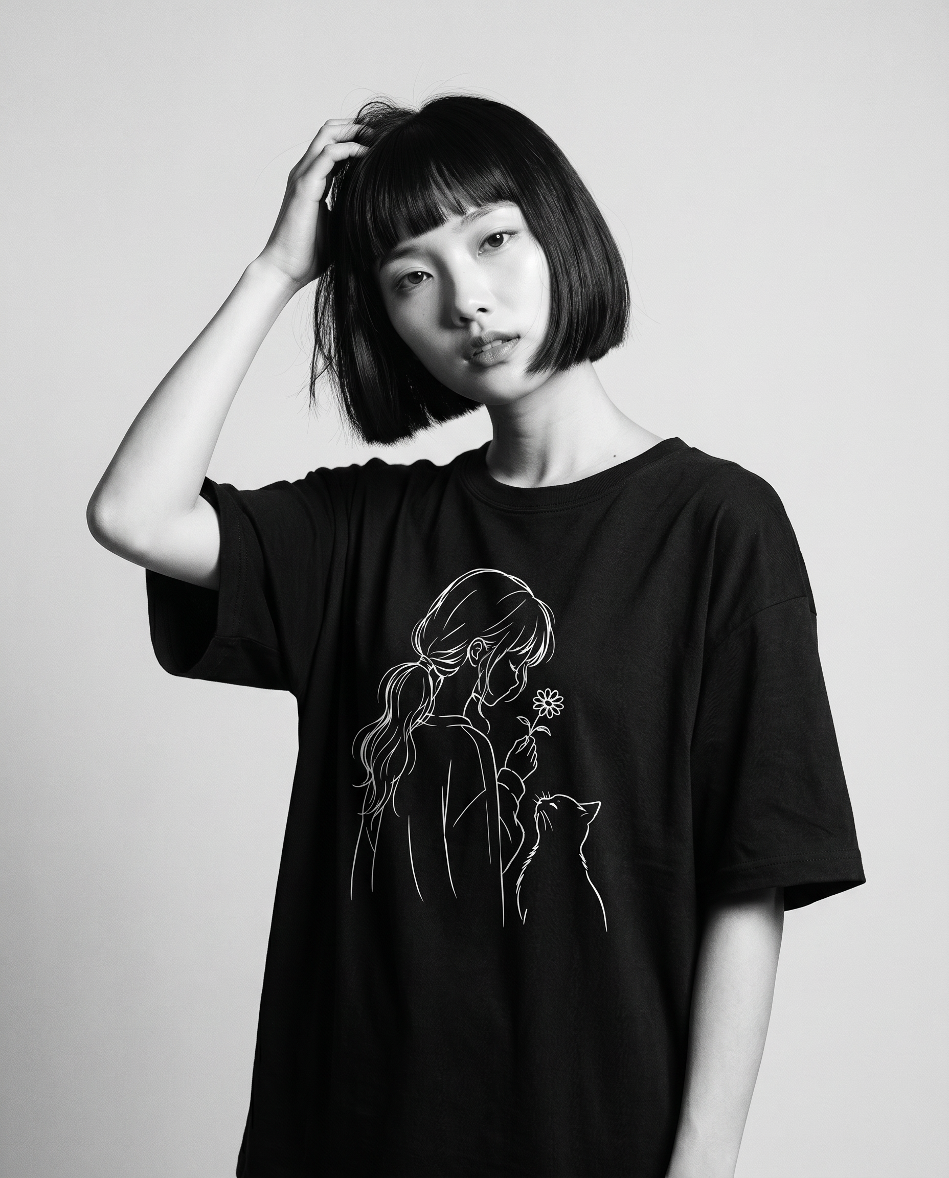 Nagi in the Kuroi Hana to Hige Tee — hand in hair