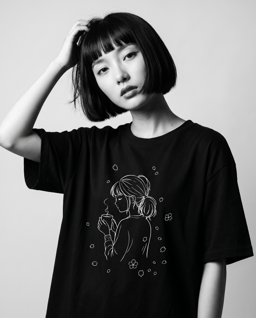 Nagi in the Kuroi Sakura to Shoujo Tee — hand in hair