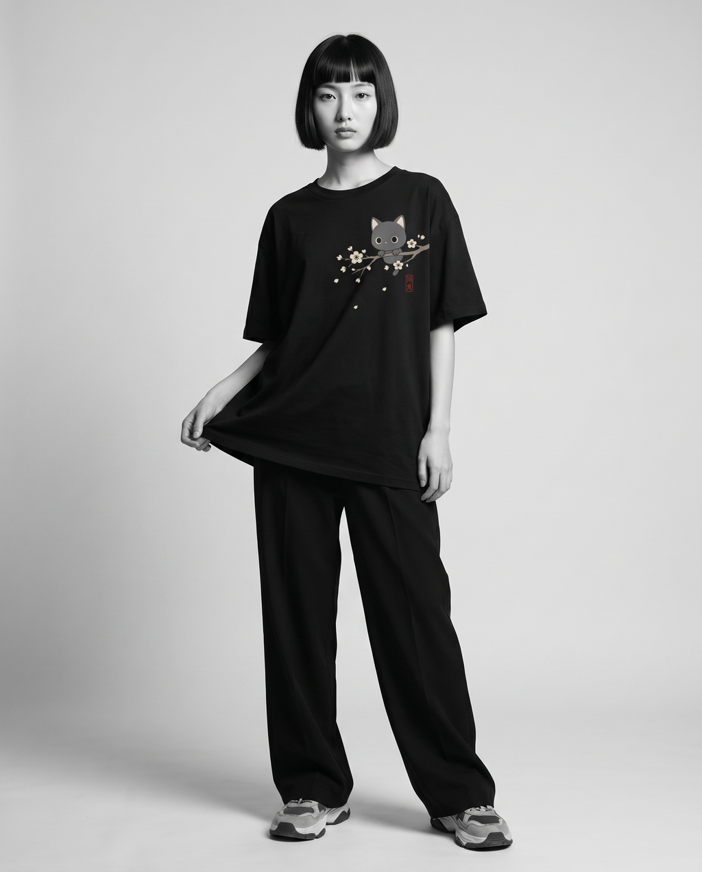Nagi wearing the KUROI Sakura Neko Tee — full body holding hem