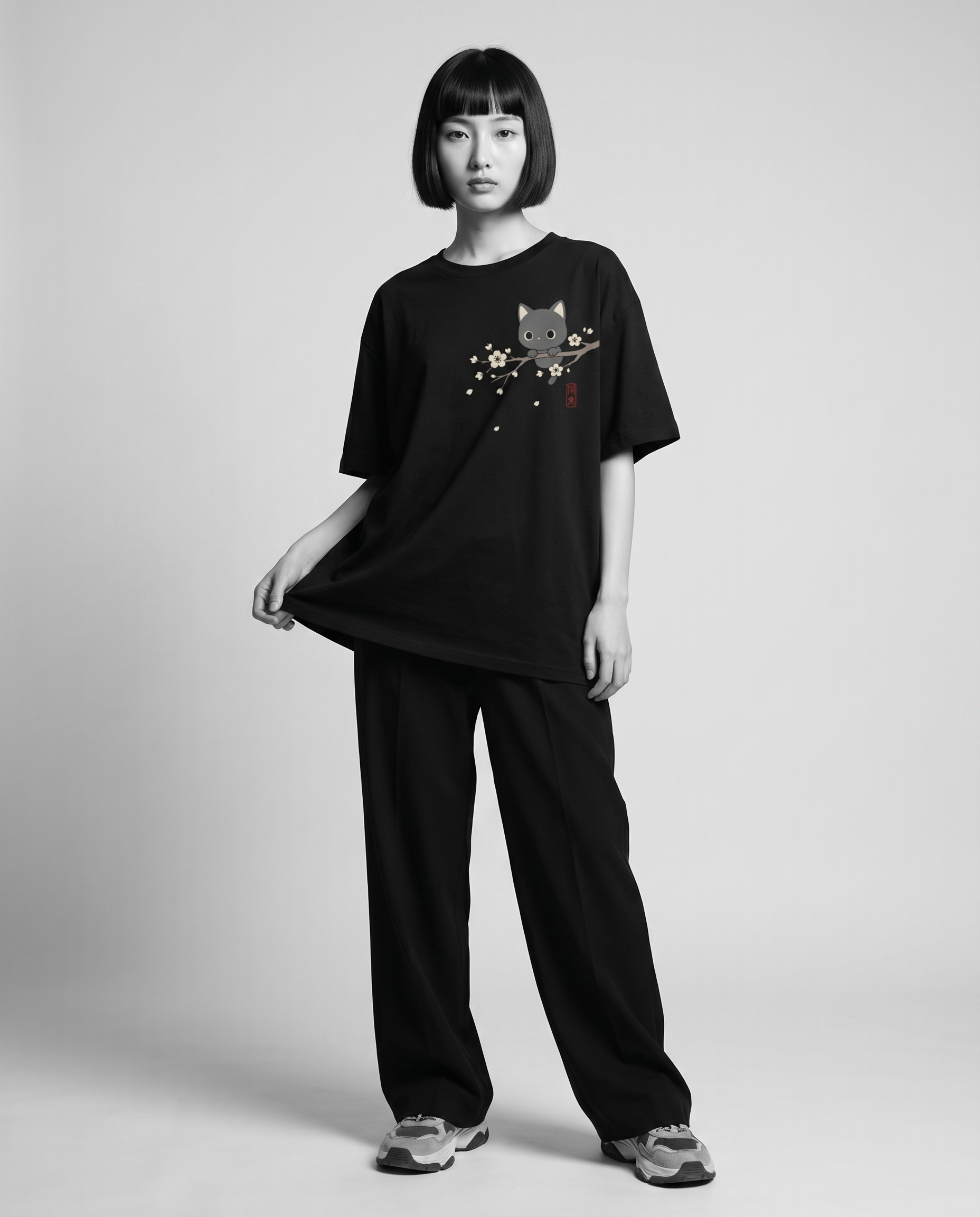 Nagi wearing the KUROI Sakura Neko Tee — full body holding hem