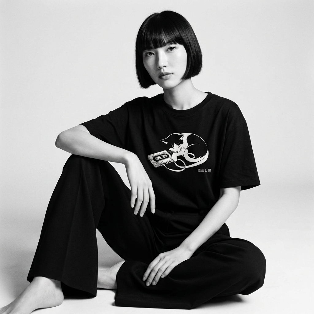 Nagi in the Kuroi Rewind Cat Tee — seated