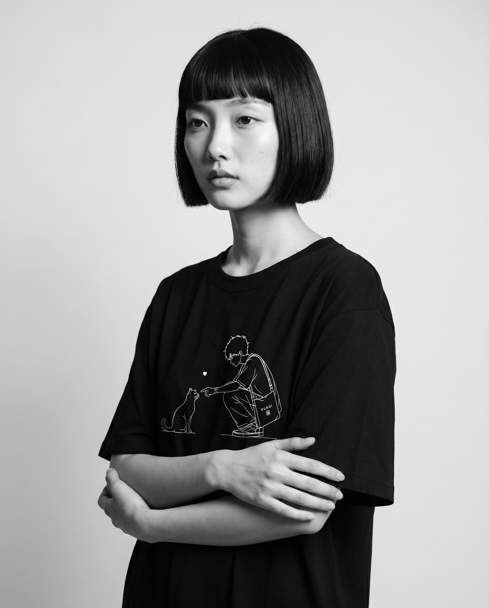 Nagi wearing the KUROI Neko no Yakusoku Tee — arms crossed
