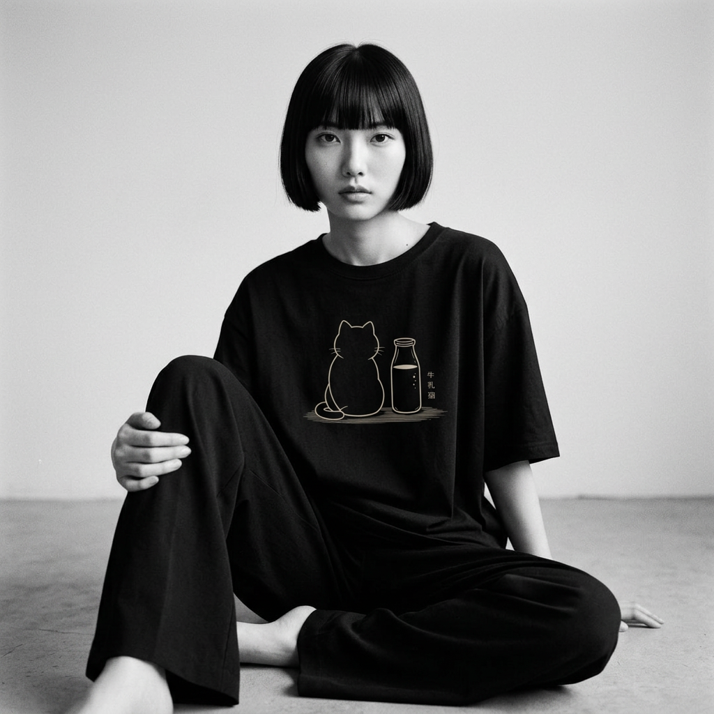Nagi in the Kuroi Milk Bottle Cat Tee — seated
