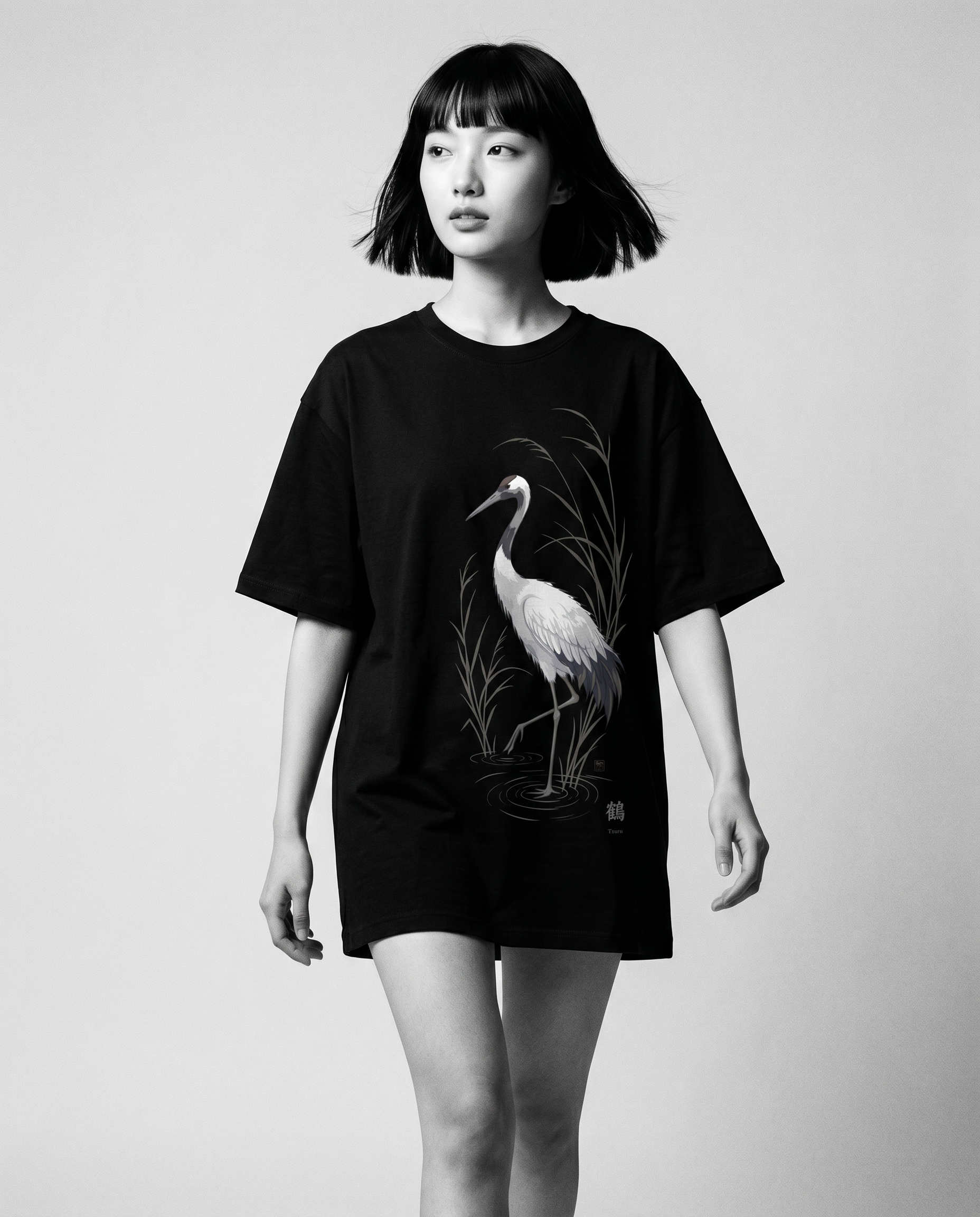 Nagi in the KUROI Tsuru Tee — walking