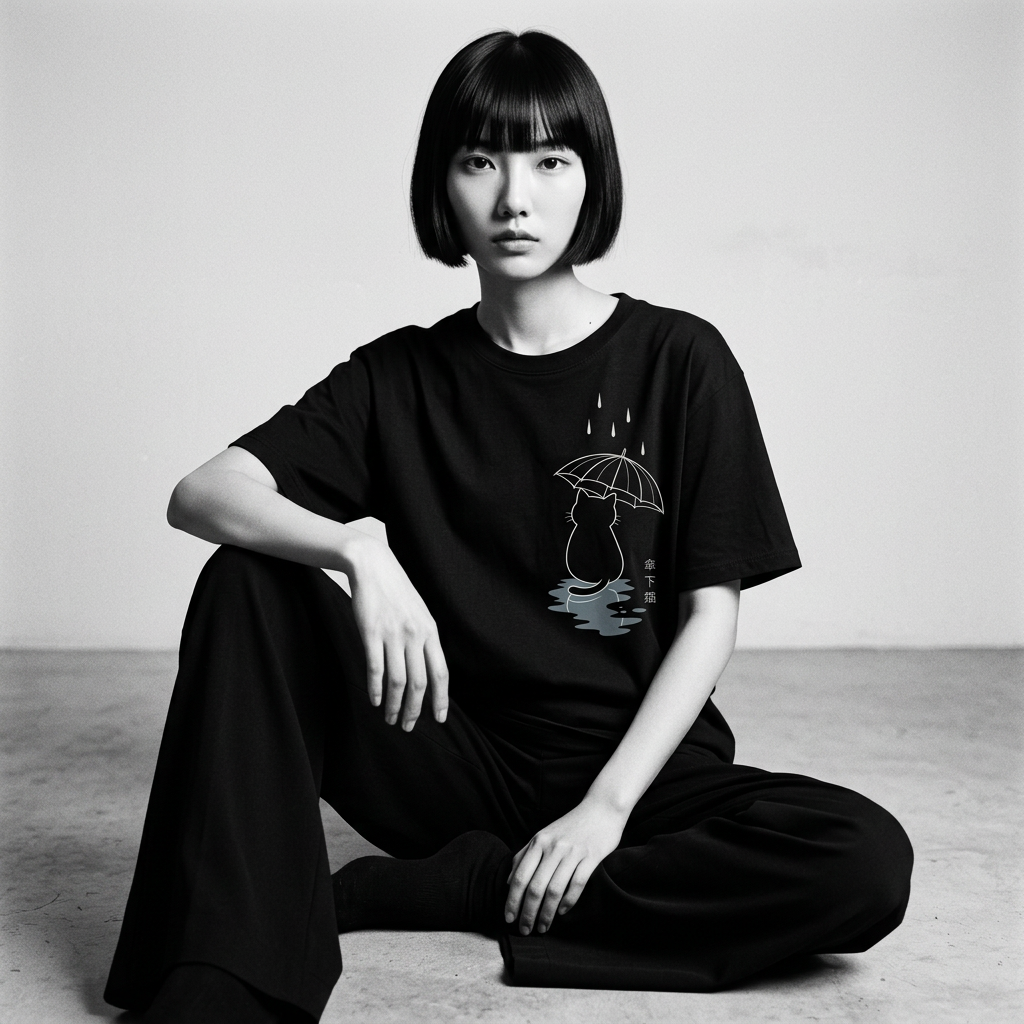 Nagi in the Kuroi Umbrella Cat Tee — seated