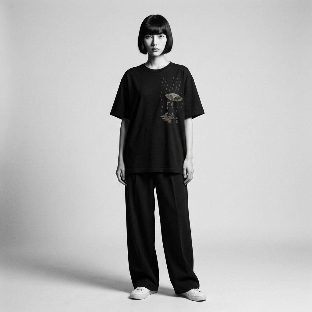 Nagi in the Kuroi Rain Shelter Cat Tee — standing